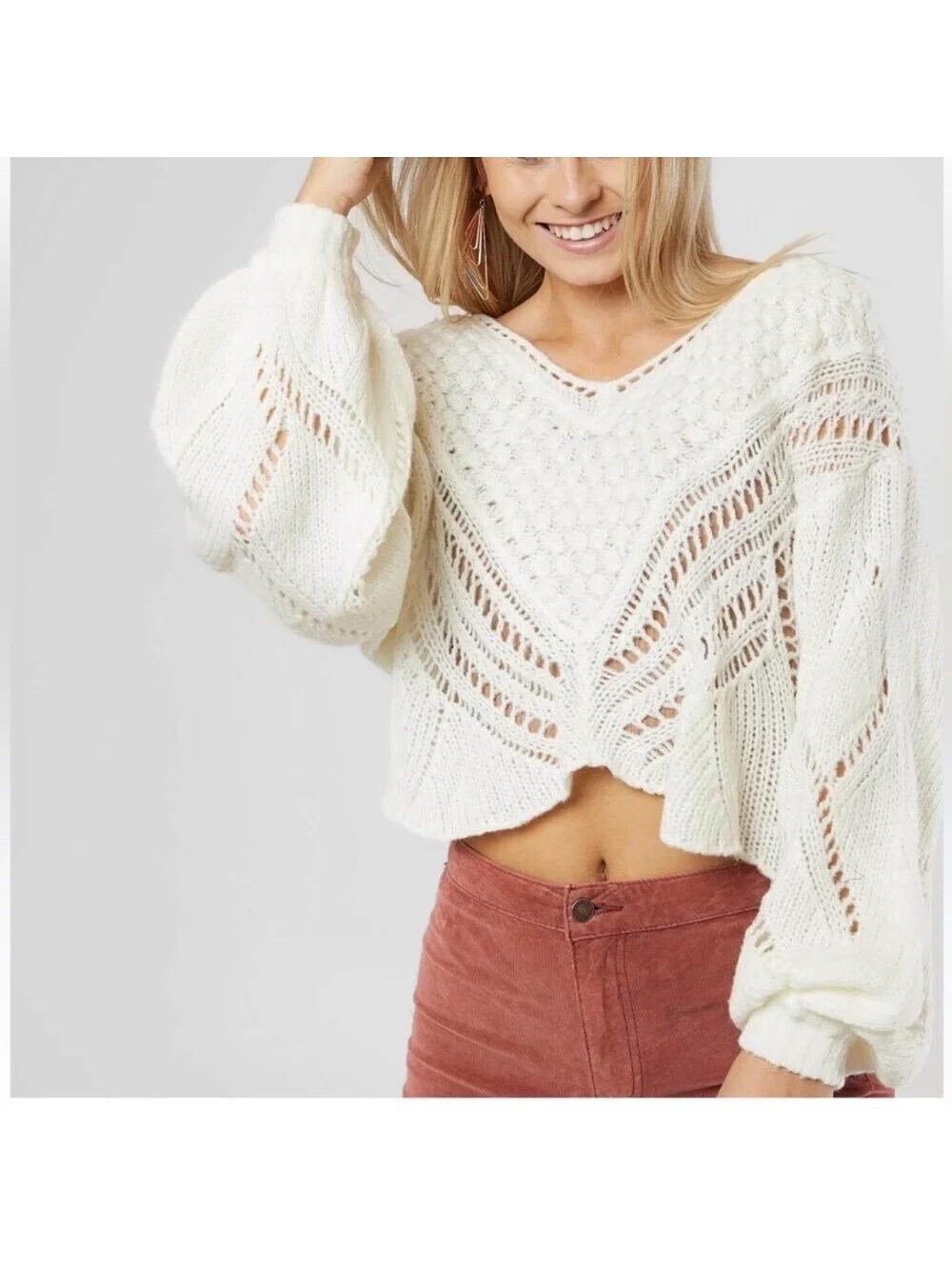Free People Women Large Crop Cream Knit V-Neck Sweater